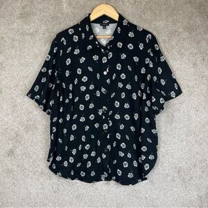 Talbots Shirt Womens 2X Black Floral Short Sleeve Button Front Viscose- 4088
